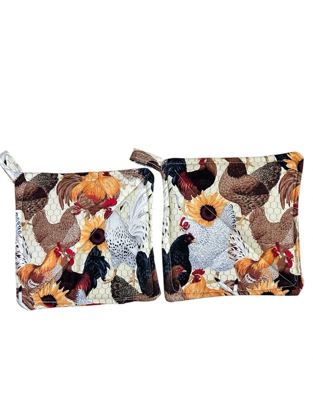 Hand Crafted Farmhouse Rooster & Sunflower Potholder Set Fabric Hot Mat Trivet